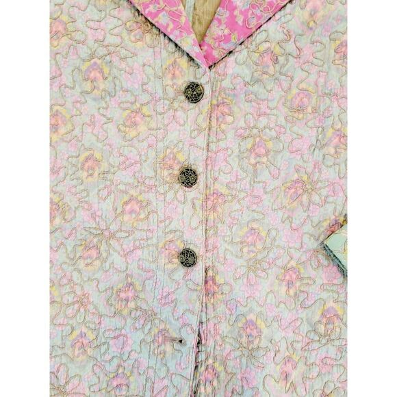 Chico's 3 Quilted Tapestry Jacket Silk Green Pink Button Front Collared - Picture 5 of 7